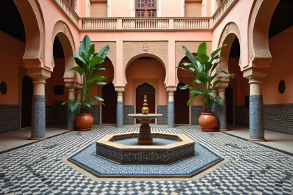 Riad à vendre à Marrakech vide avec patio central en zellige et fontaine traditionnelle en pierre