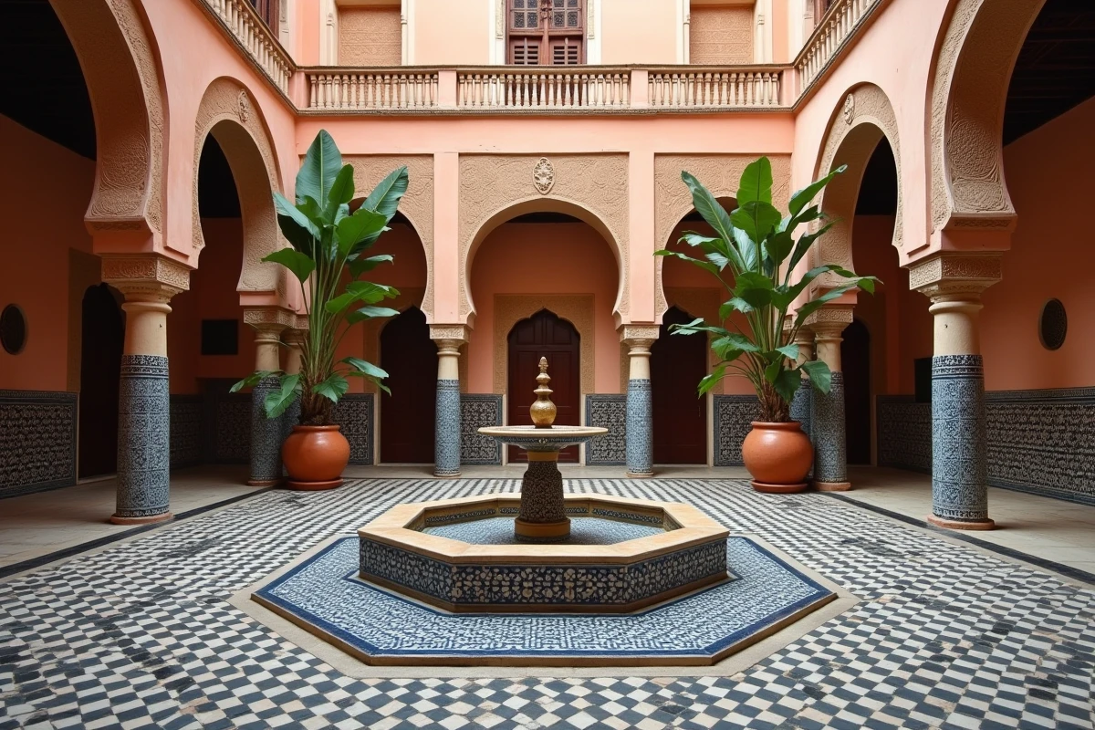 Riad à vendre à Marrakech vide avec patio central en zellige et fontaine traditionnelle en pierre