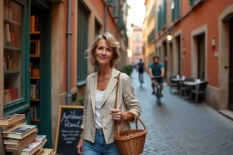 Femme parcourant des livres d'occasion devant une librairie indépendante dans une ruelle pavée du quartier des Carmes à Toulouse