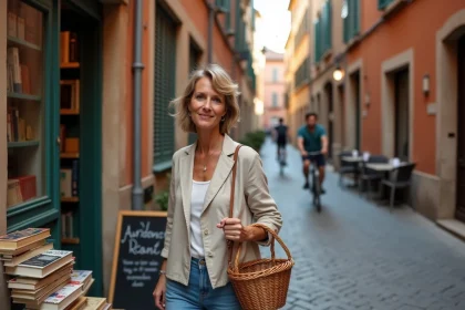Femme parcourant des livres d'occasion devant une librairie indépendante dans une ruelle pavée du quartier des Carmes à Toulouse