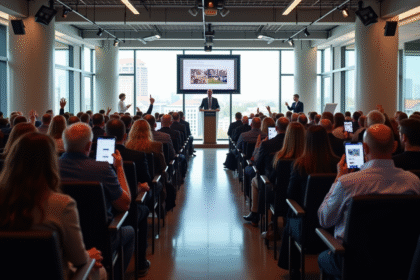 Salle d'enchères immobilières avec public et commissaire