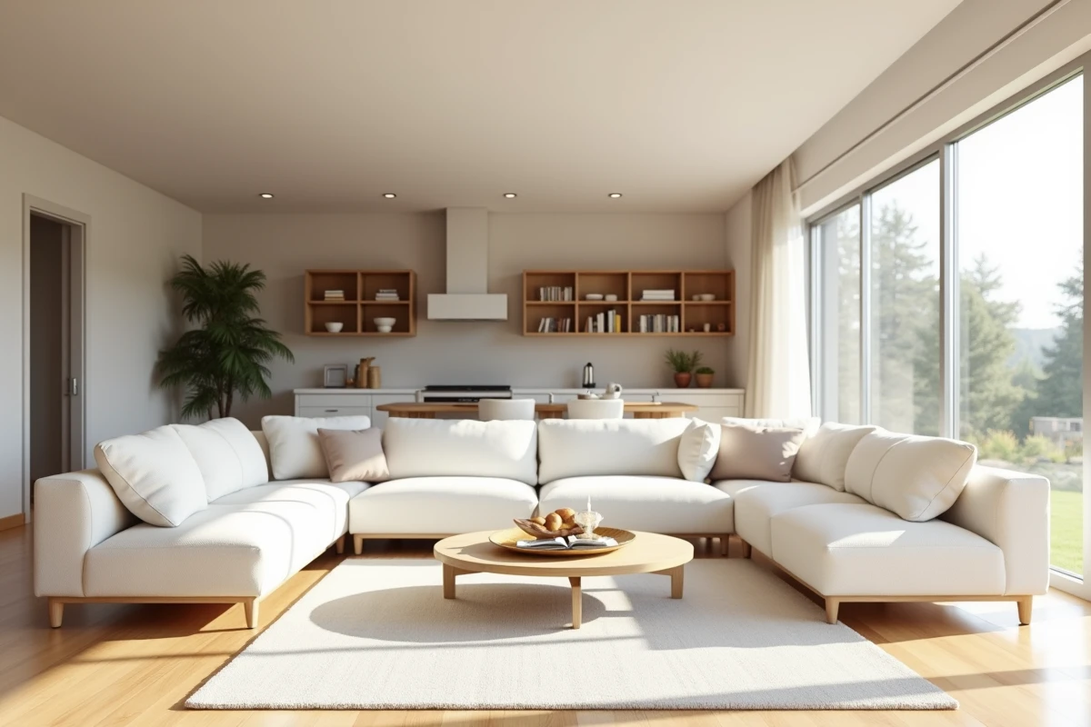 Intérieur lumineux d'un salon ouvert sur cuisine pour visite virtuelle 360 degrés d'une maison en vente