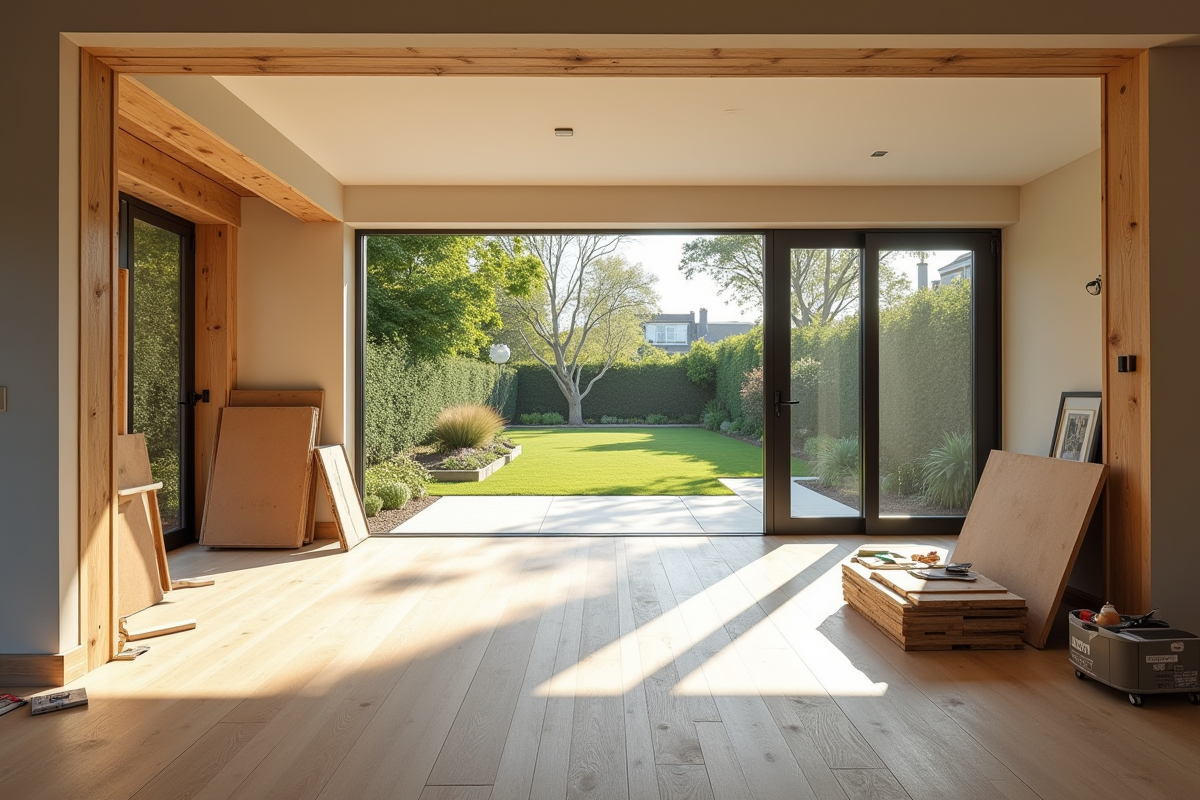 Salon ouvert avec portes vitrées donnant sur jardin