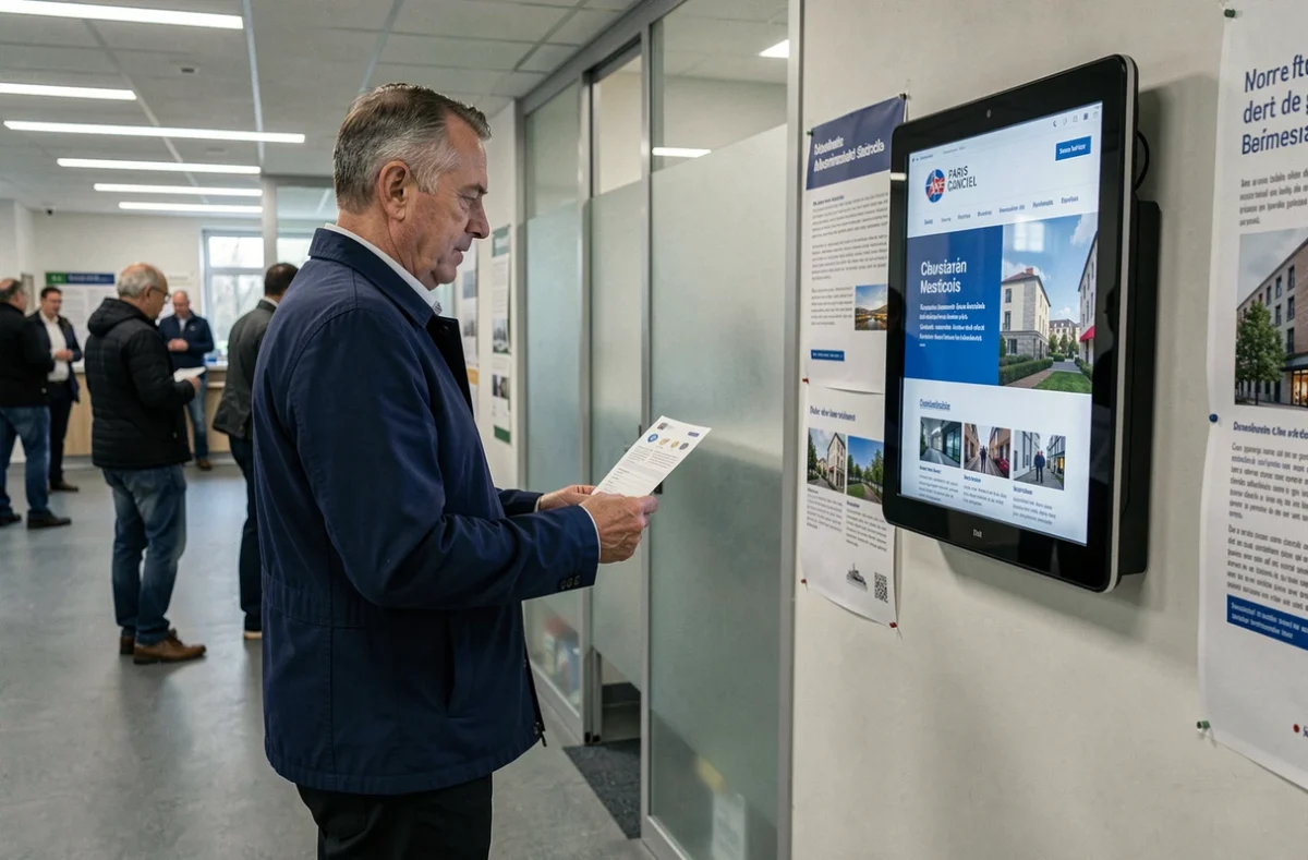 Homme consultant un kiosque numérique de services logement dans une mairie parisienne moderne