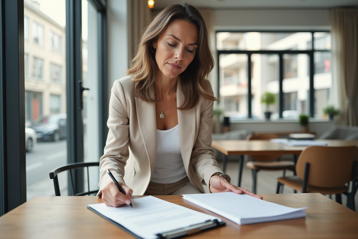 Femme signant contrat de location dans son appartement