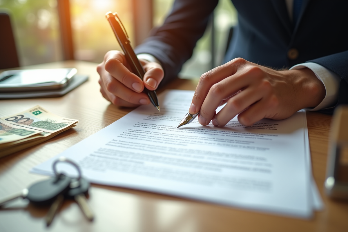 Main signant un contrat de mortgage avec des billets et clés