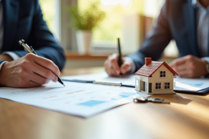 Deux professionnels signent des documents immobiliers avec une maquette de maison et des clés