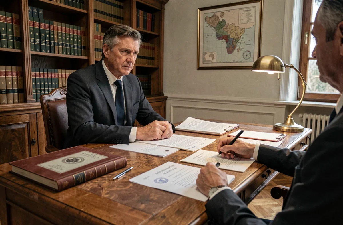 Bureau de notaire avec documents de vente immobilière lors d'une signature en contexte de divorce dans le Calvados