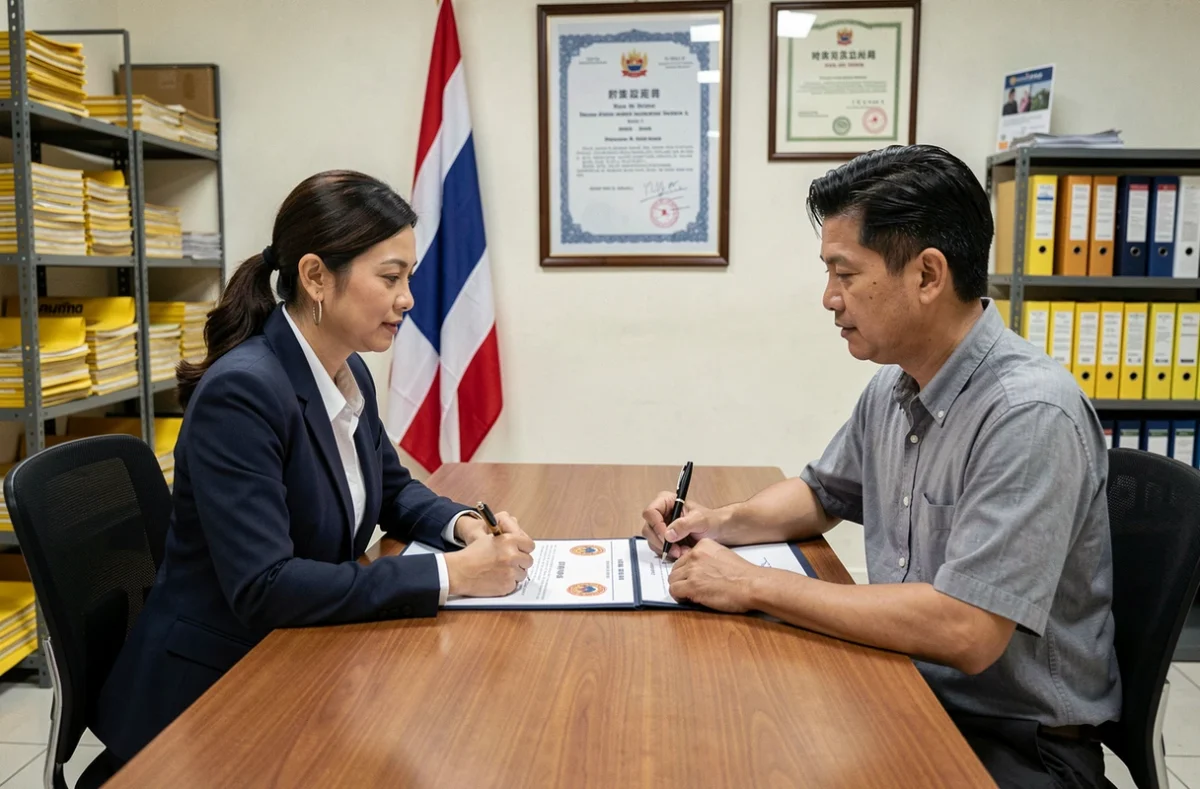 Signature officielle d'un transfert de propriété dans un bureau d'enregistrement foncier thaïlandais entre un agent et un acheteur étranger