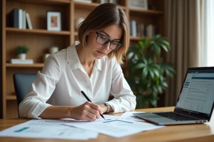 Femme consultant une simulation de prêt immobilier CASDEN sur son bureau à domicile