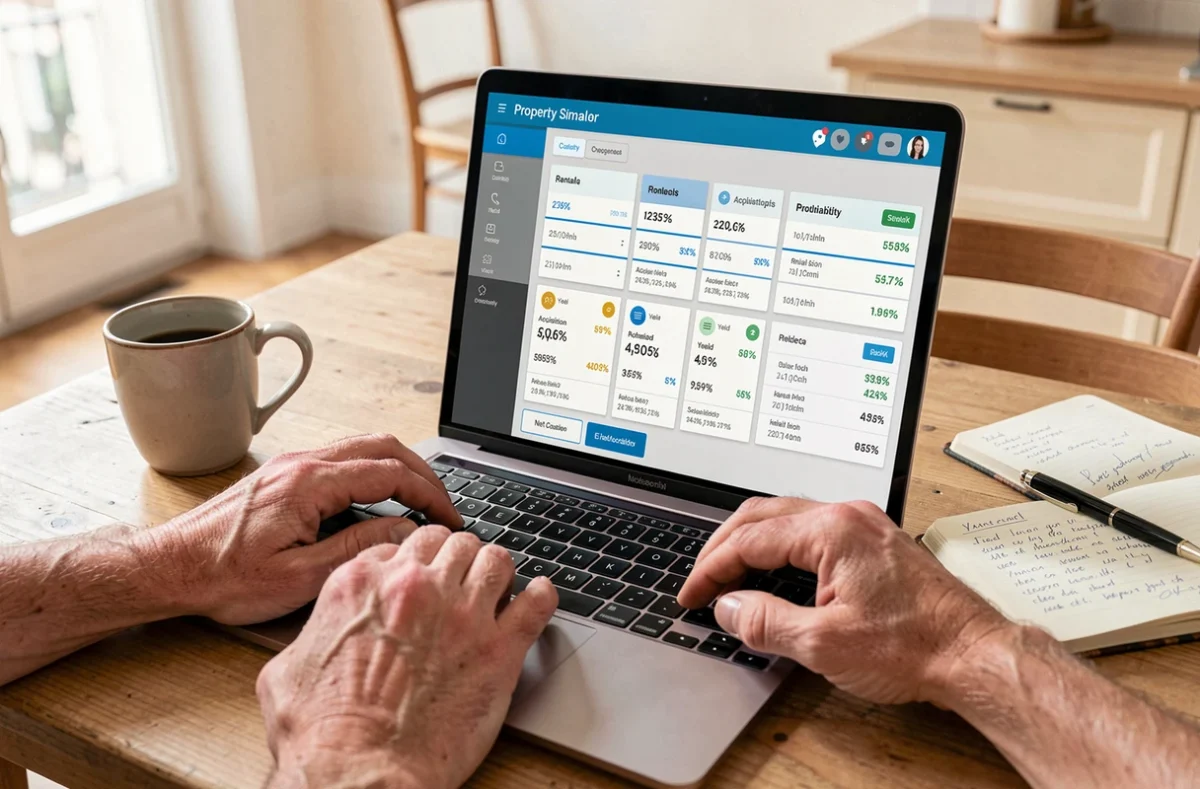 Mains d'un investisseur naviguant sur un simulateur de rentabilité immobilière en ligne affichant la comparaison de plusieurs biens locatifs