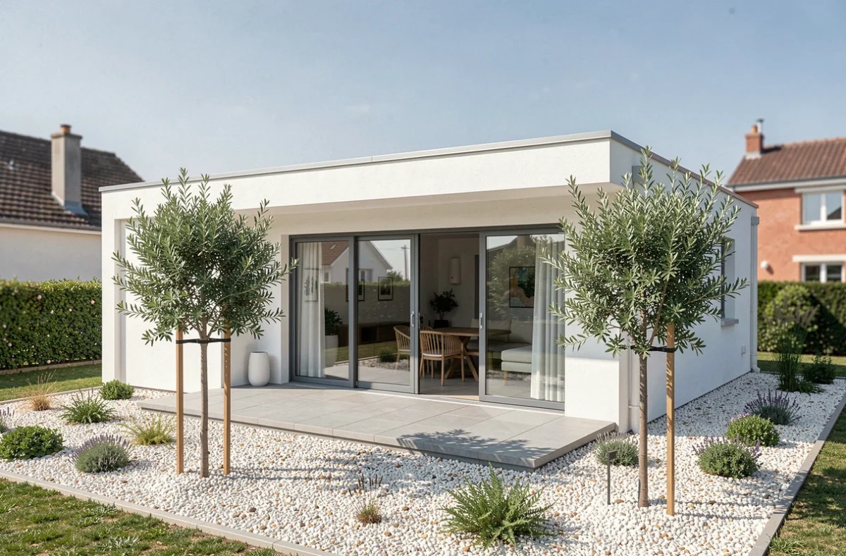 Maison de plain-pied moderne avec toit plat et baies coulissantes construite par So'9 Habitat en Gironde