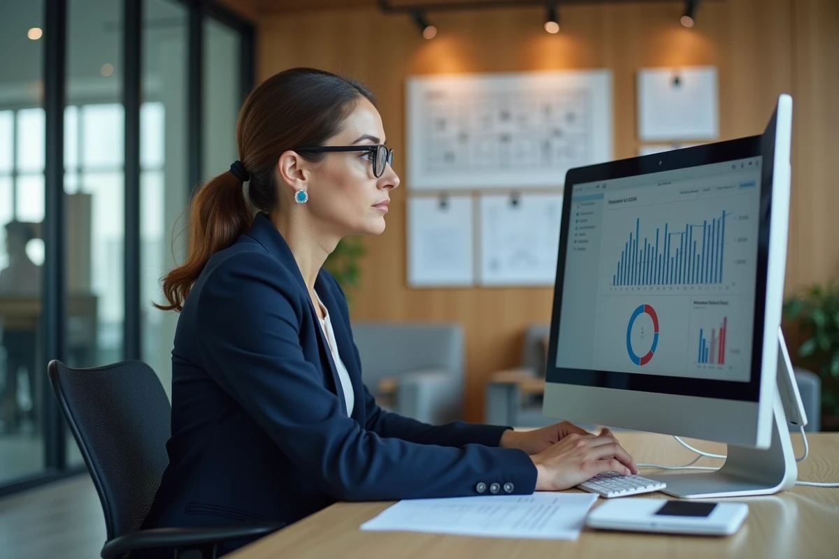 Syndic de copropriété femme analysant un tableau de bord de gestion immobilière sur ordinateur dans un bureau moderne