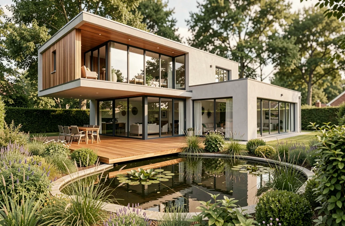 Maison contemporaine avec étage en porte-à-faux et terrasse en cèdre construite par Tanaïs Habitat en Gironde