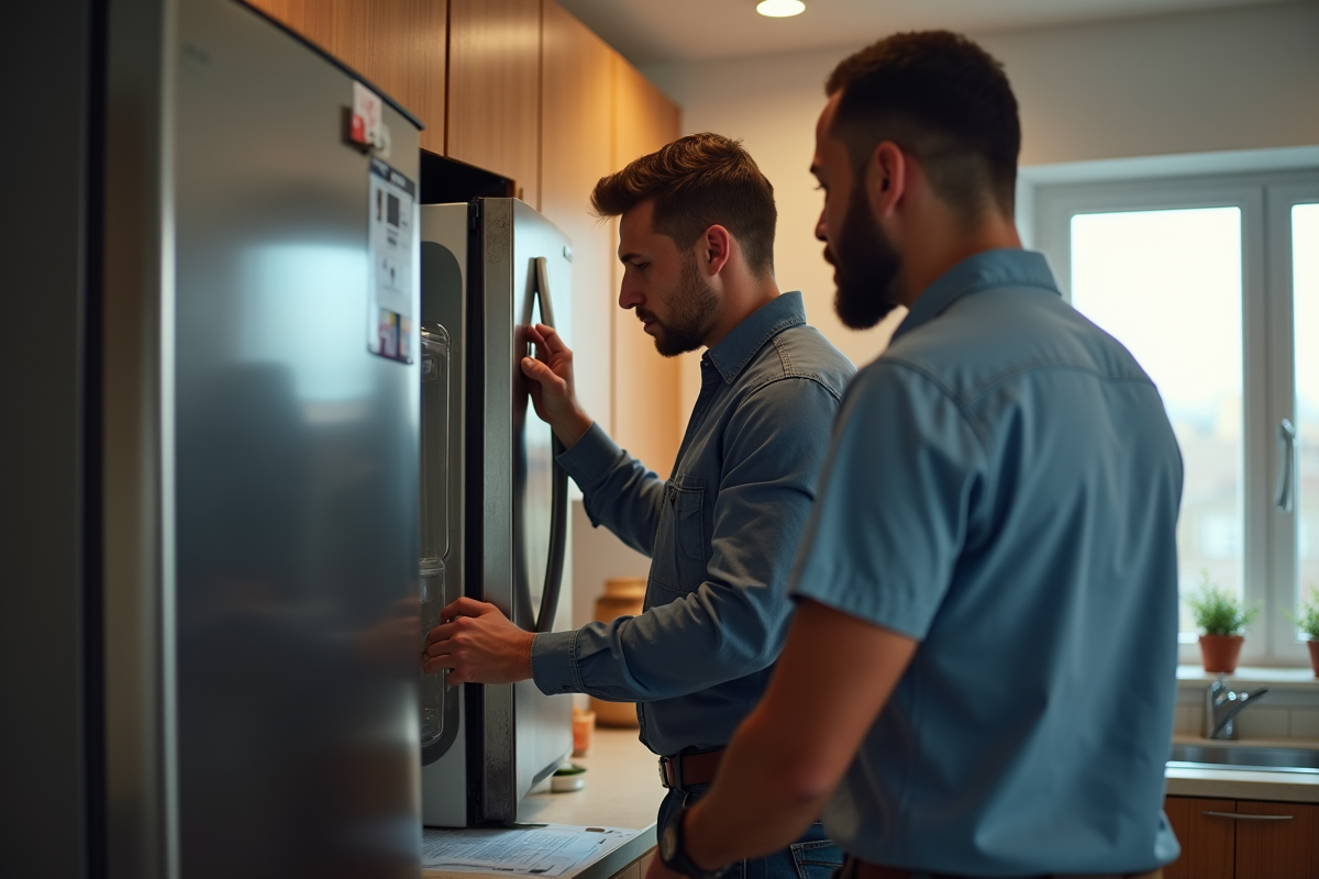 Technicien réparant un frigo dans une cuisine bien éclairée