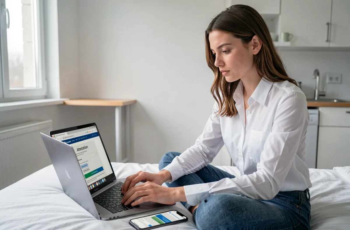 Étudiante téléchargeant son attestation d'assurance habitation en ligne depuis son appartement étudiant