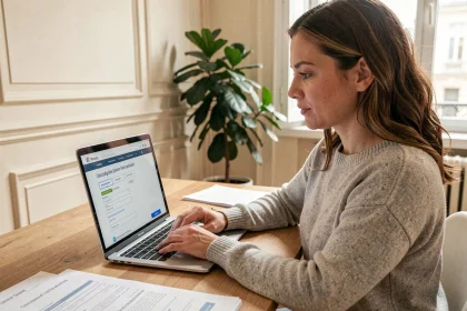 Femme consultant un téléservice logement de la Ville de Paris sur son ordinateur portable dans un appartement haussmannien