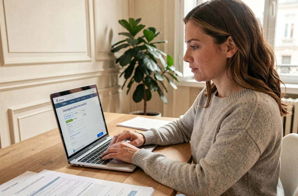Femme consultant un téléservice logement de la Ville de Paris sur son ordinateur portable dans un appartement haussmannien