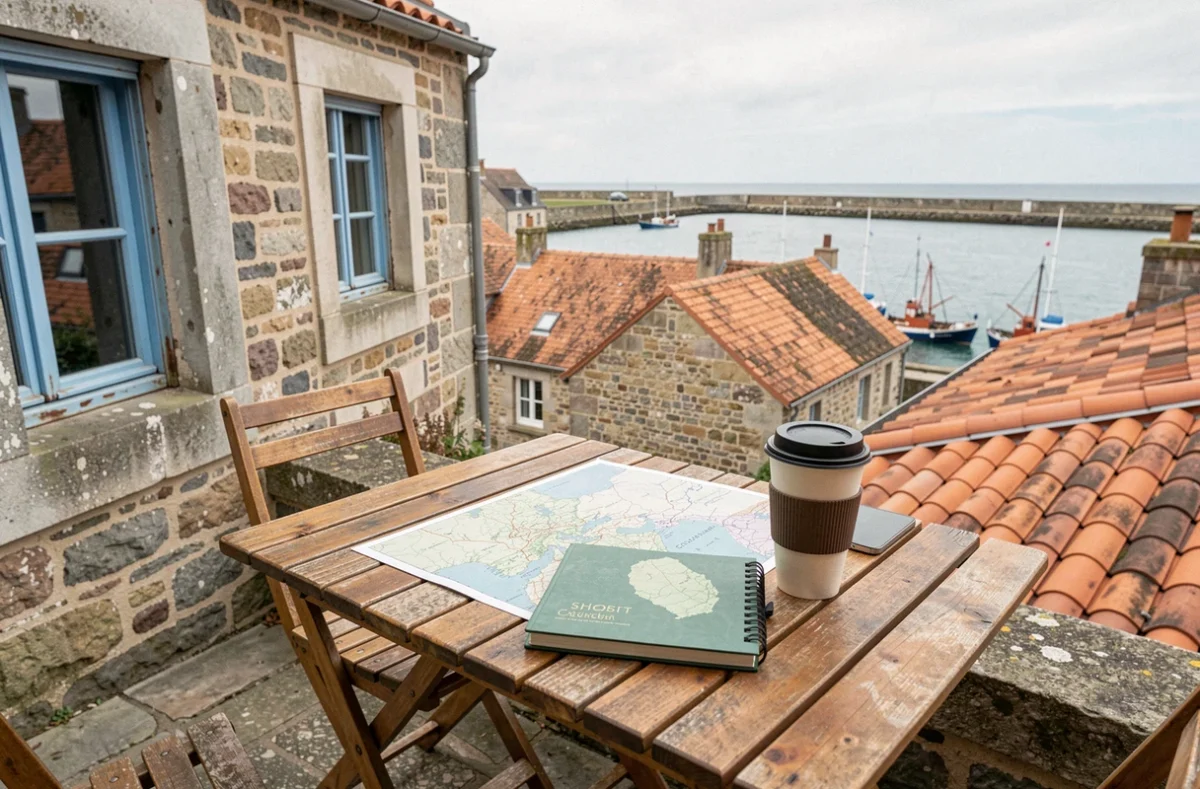 Terrasse d'un appartement de location à Concarneau avec vue sur le port en été