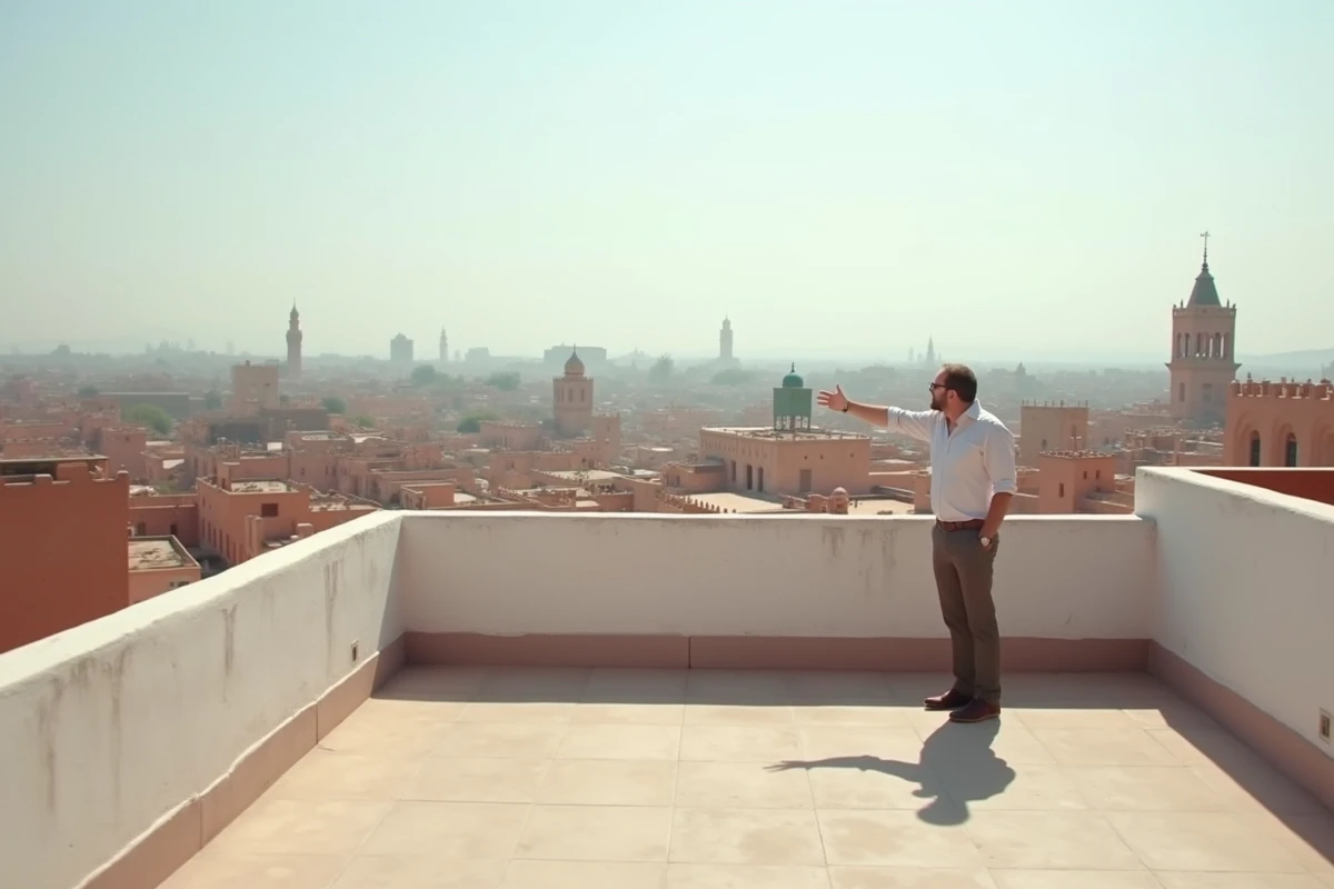 Terrasse vide d'un riad à vendre à Marrakech avec vue panoramique sur les toits de la médina et minaret