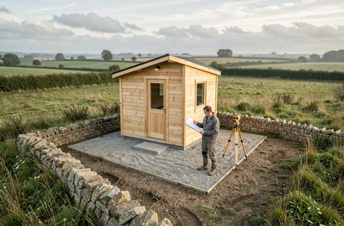 Vue d'ensemble d'une tiny house installée sur une parcelle rurale non constructible, homme inspectant des plans d'architecte sur le terrain