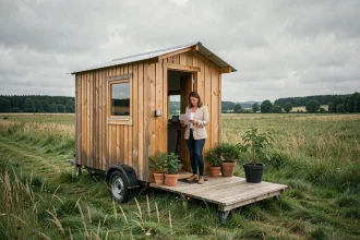 Tiny house sur terrain non constructible en zone rurale française, femme consultant des documents administratifs devant sa micro-maison en bois