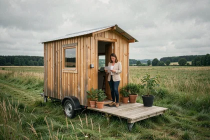 Tiny house sur terrain non constructible en zone rurale française, femme consultant des documents administratifs devant sa micro-maison en bois