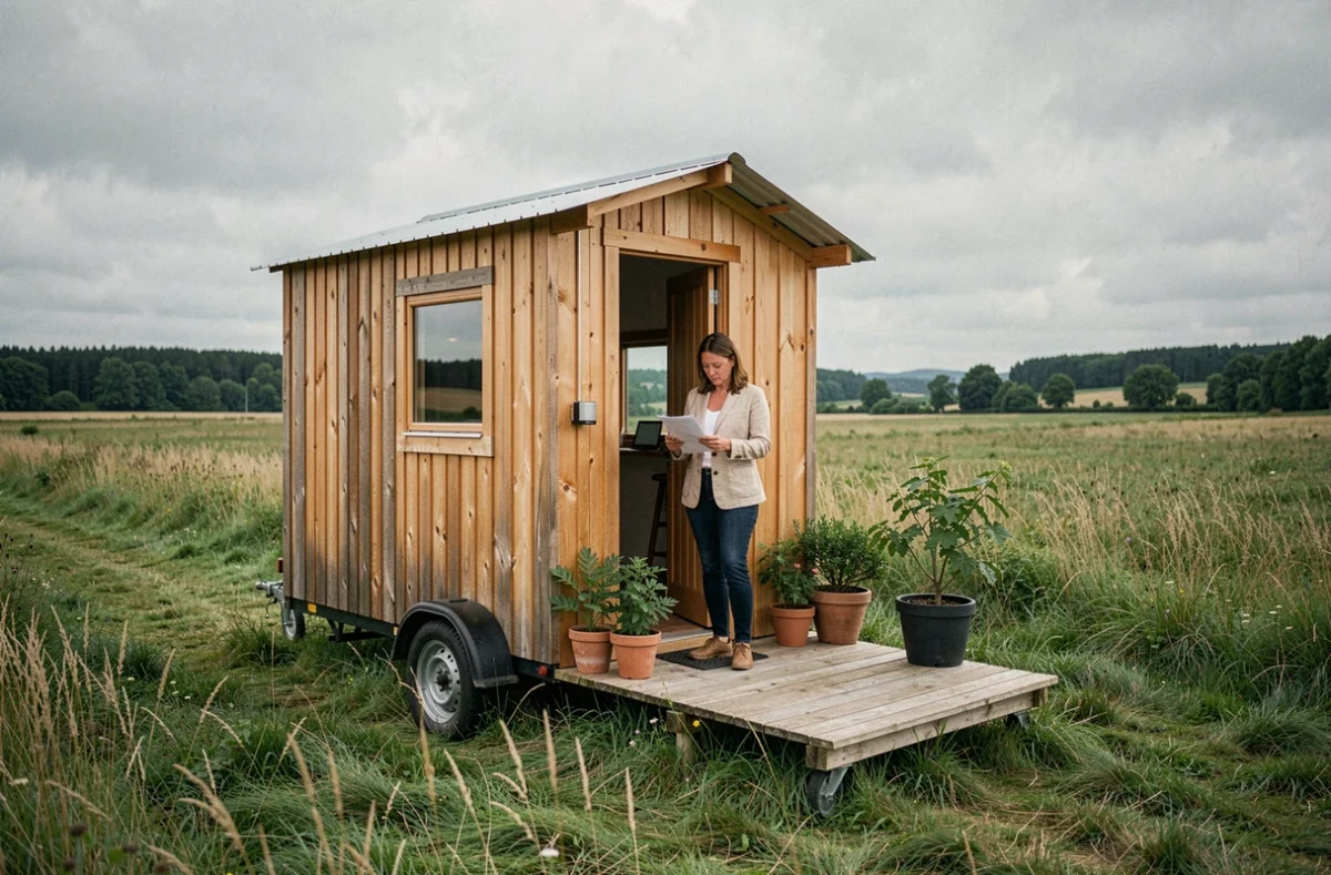Tiny house sur terrain non constructible en zone rurale française, femme consultant des documents administratifs devant sa micro-maison en bois
