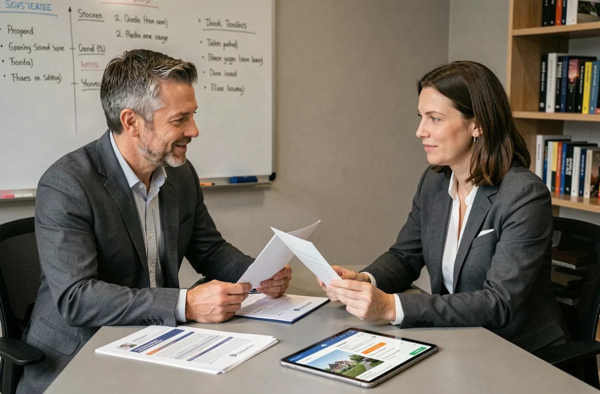 Deux particuliers discutant d'une annonce immobilière en toute sécurité autour de documents imprimés