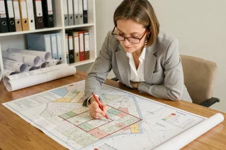 Urbaniste professionnelle annotant un plan local d'urbanisme sur une table de conférence en bois