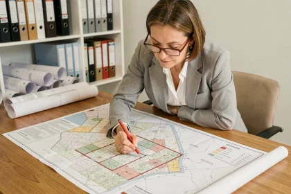 Urbaniste professionnelle annotant un plan local d'urbanisme sur une table de conférence en bois