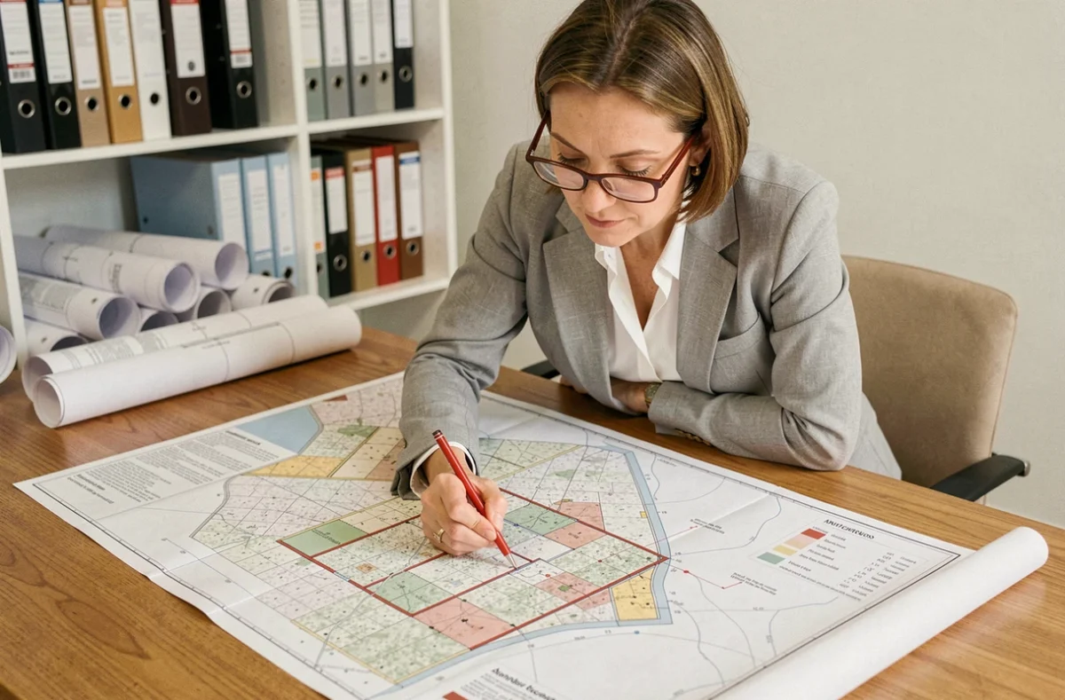 Urbaniste professionnelle annotant un plan local d'urbanisme sur une table de conférence en bois