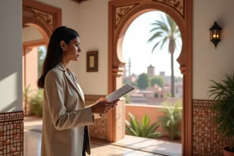 Agente immobilière présentant un appartement moderne à vendre à Marrakech avec vue sur les toits de la médina