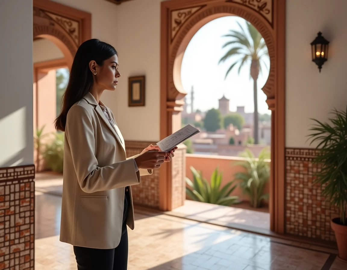 Agente immobilière présentant un appartement moderne à vendre à Marrakech avec vue sur les toits de la médina