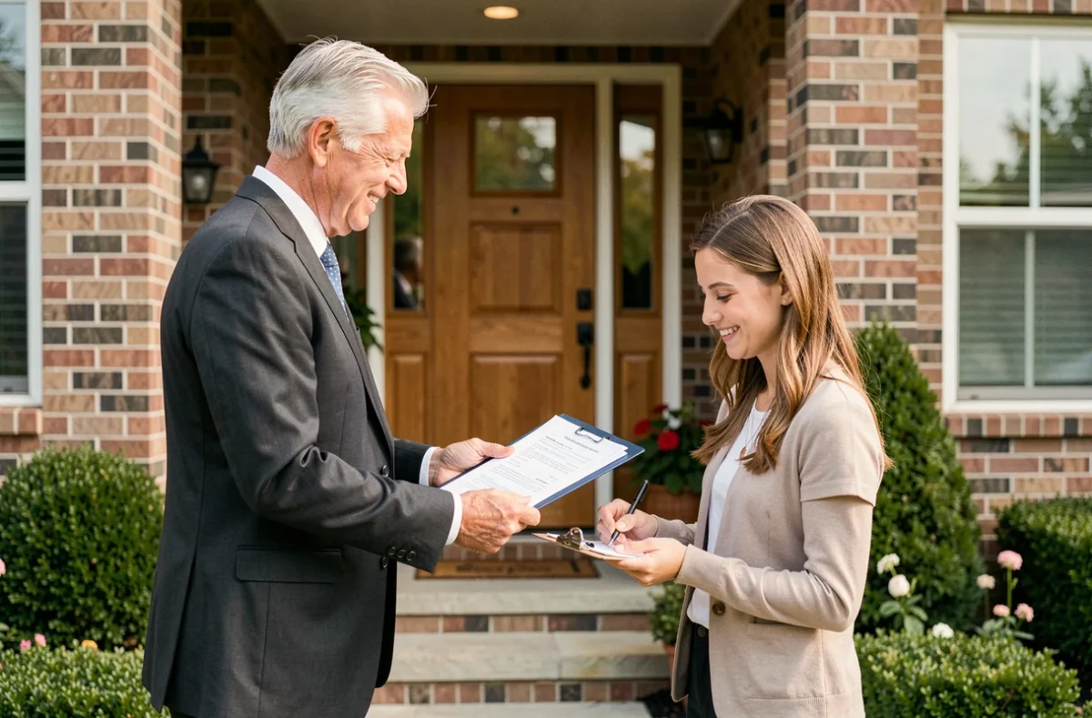 Agent immobilier remettant des documents d'assurance habitation à une nouvelle propriétaire devant une maison