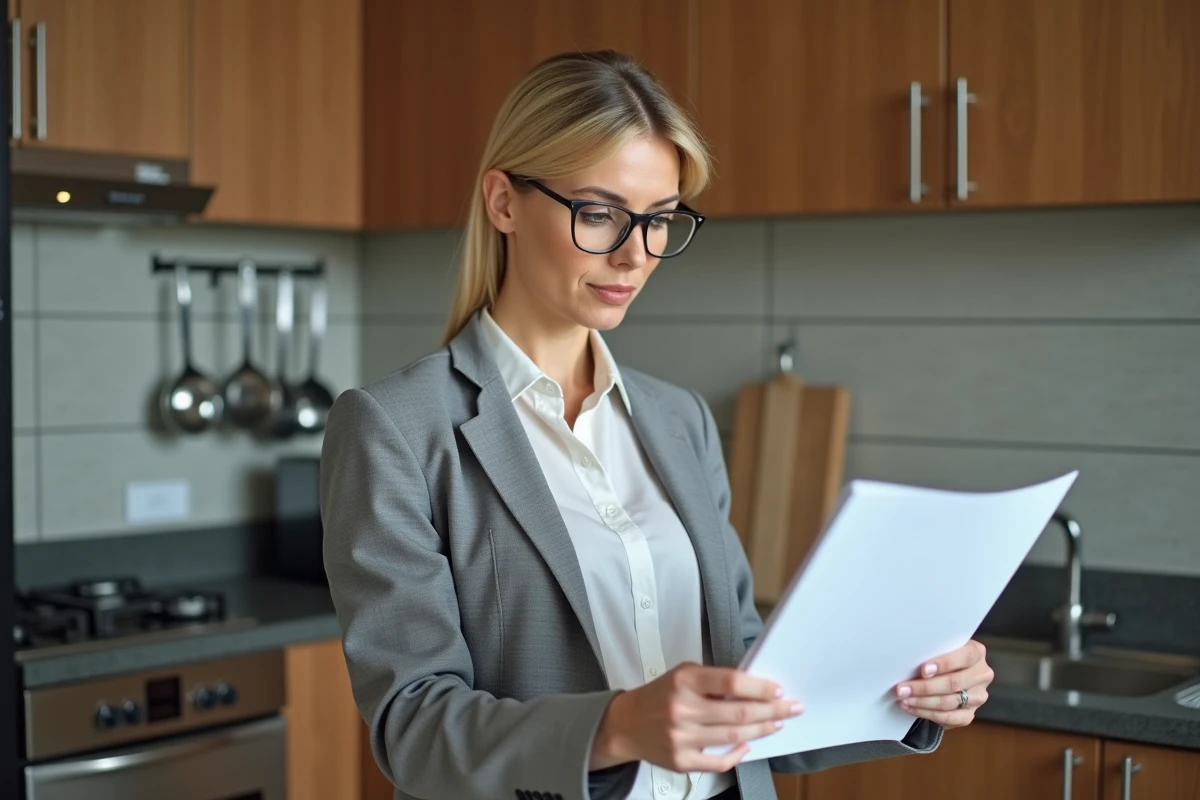 Propriétaire vérifiant la liste du mobilier obligatoire dans un appartement meublé lors d'un état des lieux de location