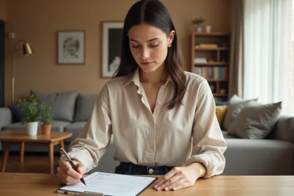Femme vérifiant la liste meublée d'une location meublée dans un appartement cosy