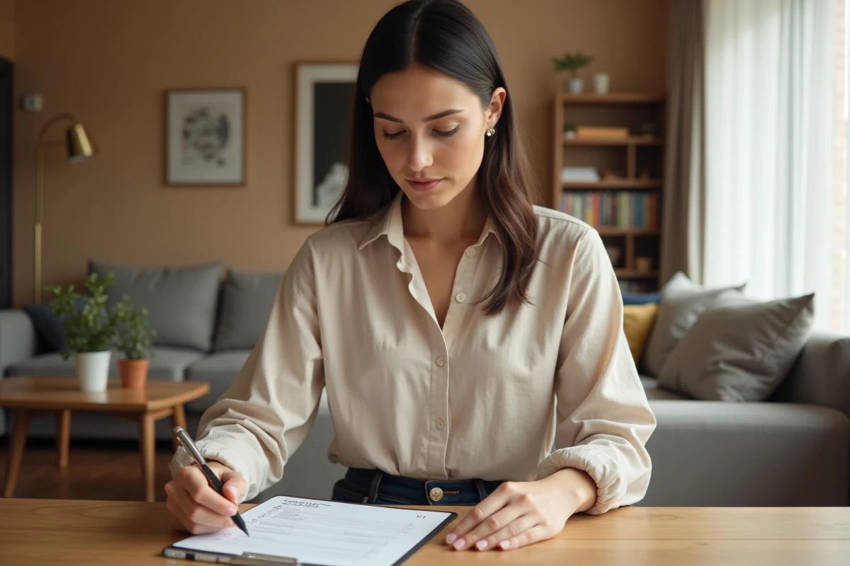 Femme vérifiant la liste meublée d'une location meublée dans un appartement cosy