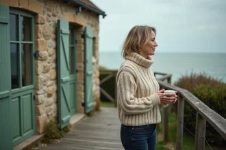 Femme vivant à l'année dans une maison normande en bord de mer, tenant une tasse de café sur la terrasse face à la Manche
