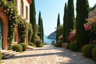 Façade de la Villa Leopolda sur la Côte d'Azur avec terrasses en pierre et vue sur la mer Méditerranée