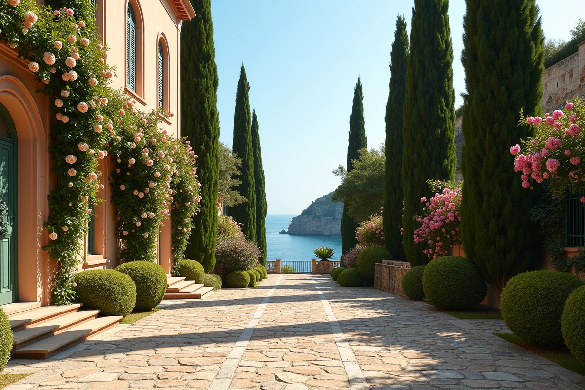 Façade de la Villa Leopolda sur la Côte d'Azur avec terrasses en pierre et vue sur la mer Méditerranée