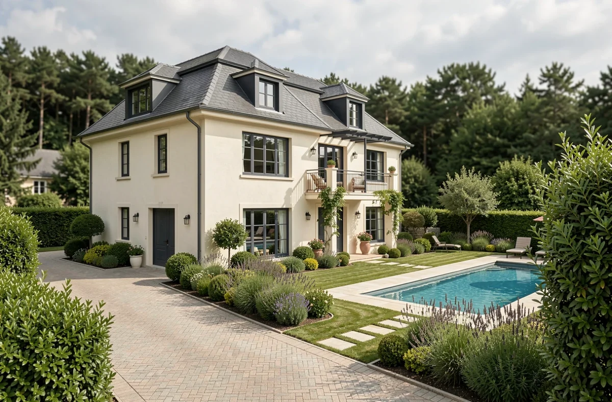 Villa élégante avec piscine construite par Villas Melrose en Gironde avec cadres anthracite et jardin soigné