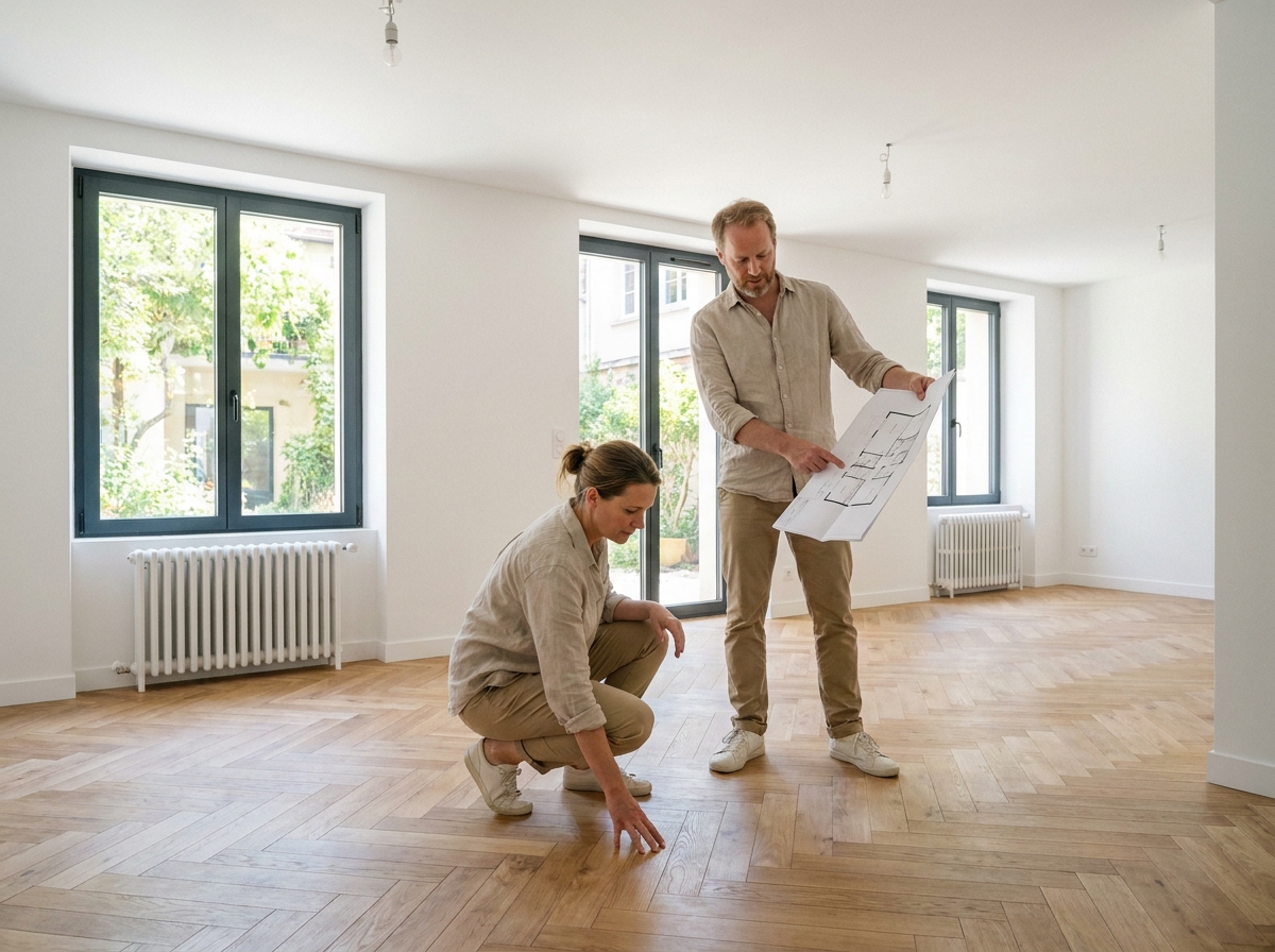 Couple visitant un appartement rénové à Villeurbanne avec parquet et grandes fenêtres pour estimer le prix au mètre carré