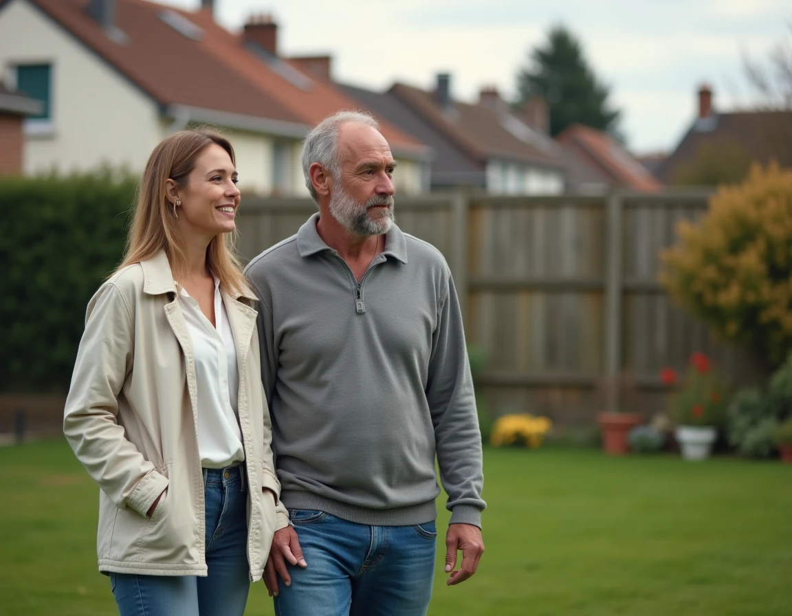 Couple visitant une maison en location au Havre avec grand jardin verdoyant et potager