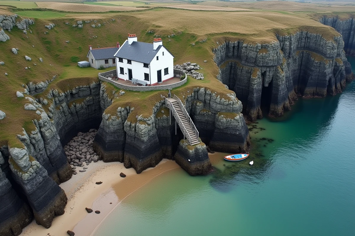 Vue aérienne d'une rare maison de pêcheur isolée avec accès privé direct à une crique en Bretagne