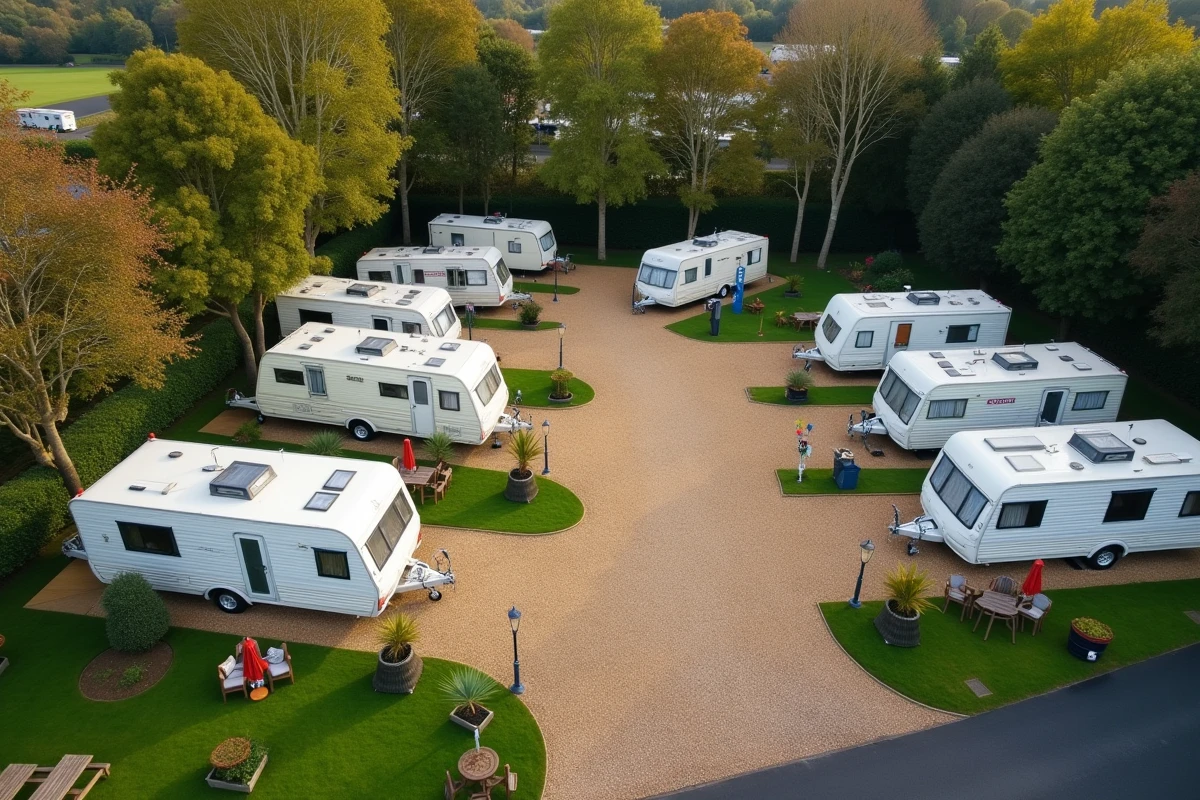 Vue aérienne d'un terrain de caravanes résidentiel bien organisé entouré d'arbres en automne